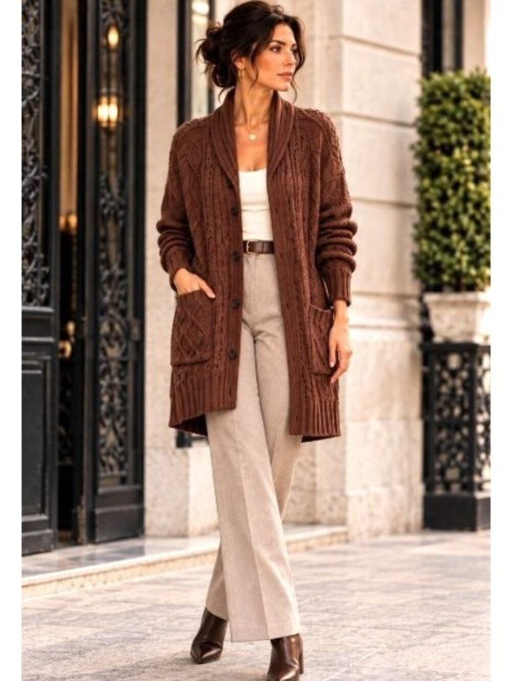 LL Bean Signature Chunky Cable Knit Cardigan Shawl Collar Fisherman Brown XL